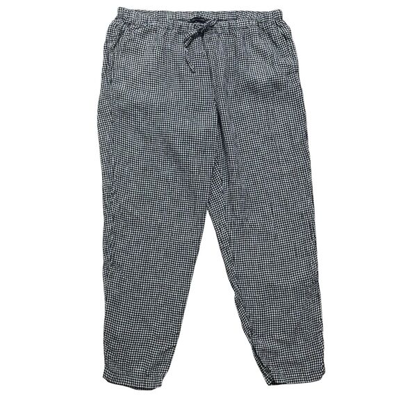 Eileen Fisher Linen Pants Sz Large Black White Check Tapered Puckered Organic - Picture 1 of 8